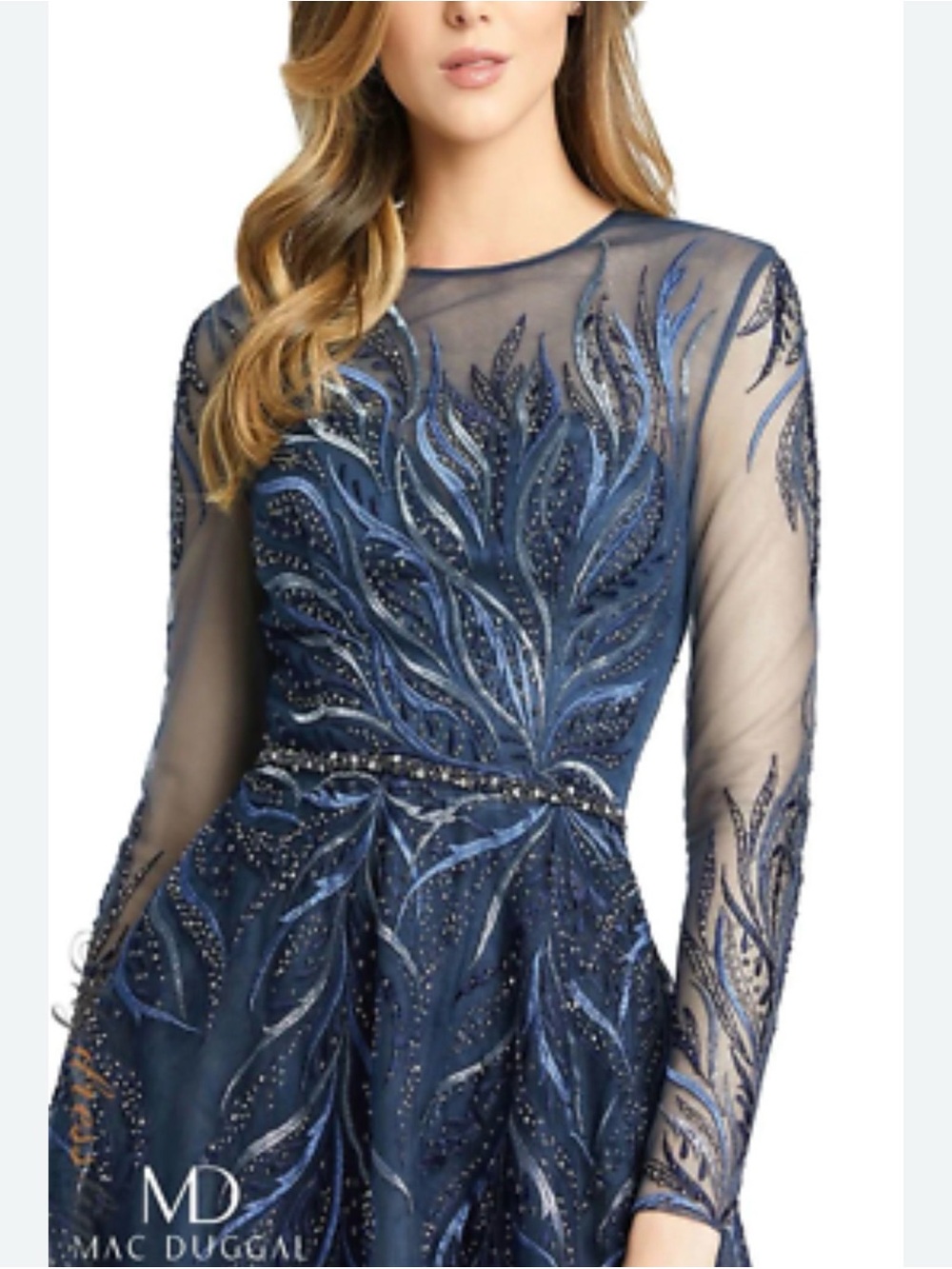 Mac Duggal Navy Beaded Tulle Midi Dress - Picture 2 of 7